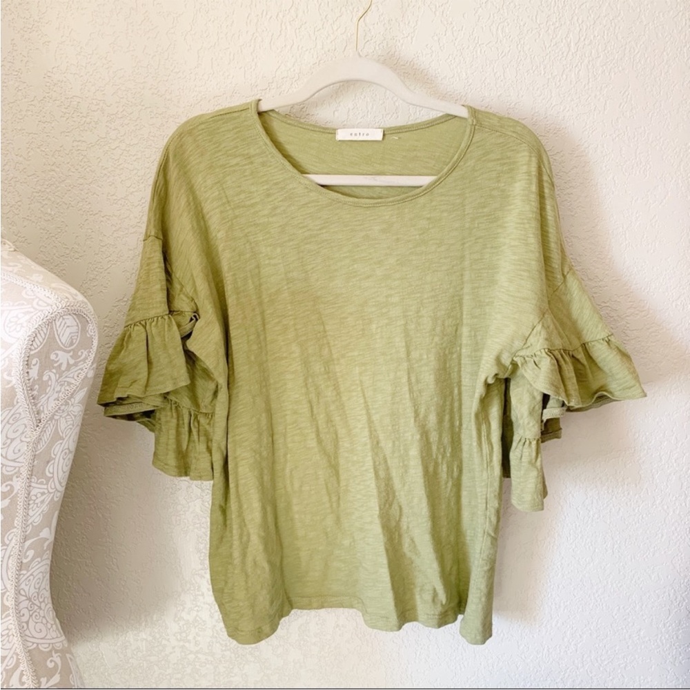 Entro Olive Green Ruffle Sleeve Blouse Top